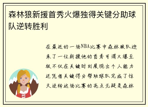 森林狼新援首秀火爆独得关键分助球队逆转胜利
