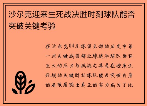 沙尔克迎来生死战决胜时刻球队能否突破关键考验